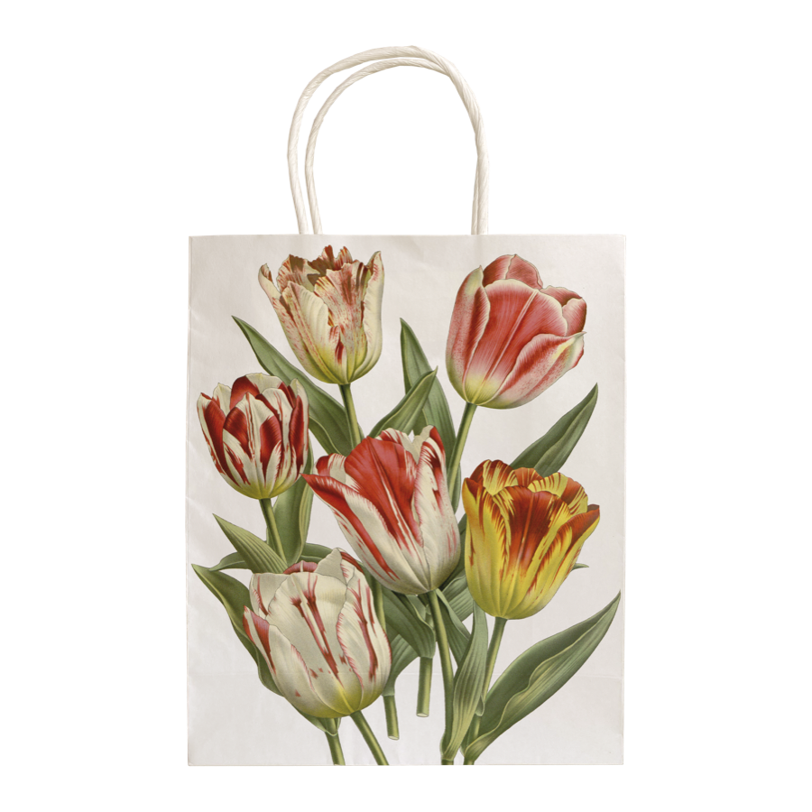 Papperspåse med tvinnade handtag och illustration av tulpaner.
