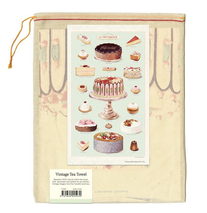 Kökshandduk med tårtor o bakelser i en tygpåse