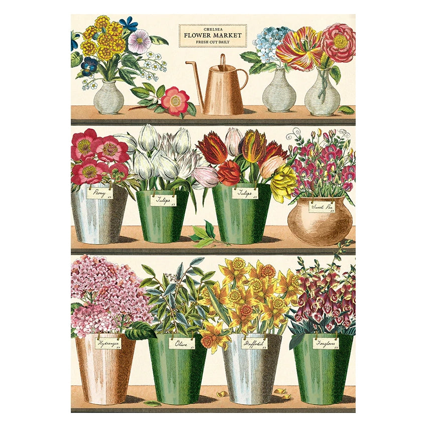 Vintage poster med blommor i vaser på hylla.