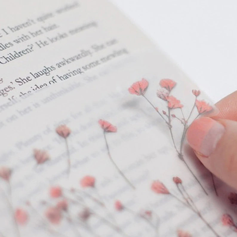 Klistermärke, pressade blommor i form av rosa Brudslöja