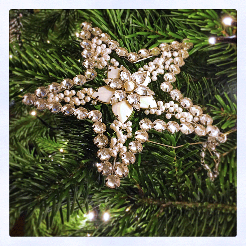 Dekorations stjärna i liver med pärlor och kristaller i granen