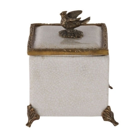 Fyrkantig keramik ask med brons fågel