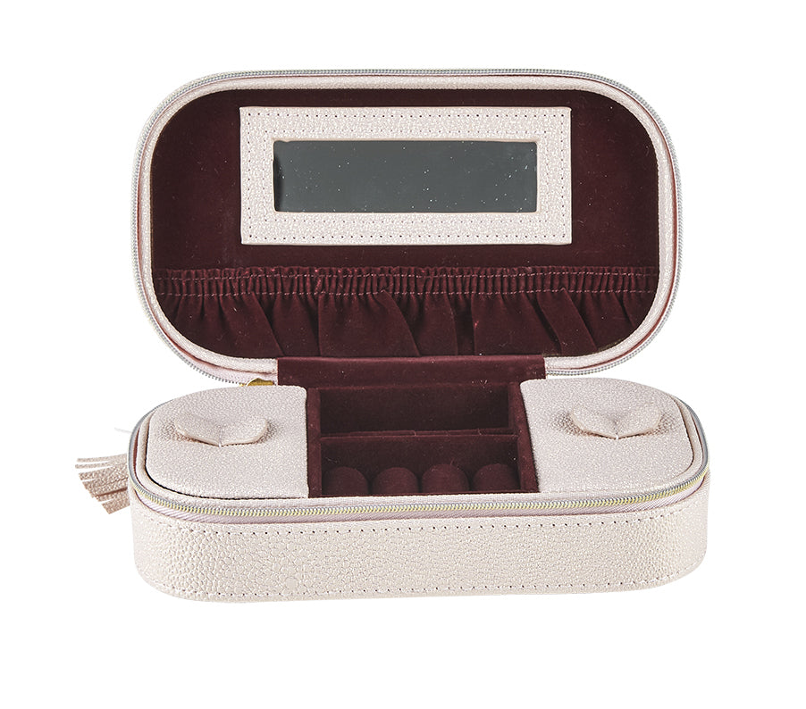 Rektangulärt smyckeskrin i rosa med vinrött foder o spegel på insidan