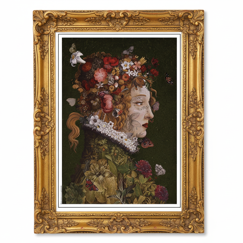 Poster med en kvinna som smyckats med blommor och blad. Postern är inramad av en guldram.