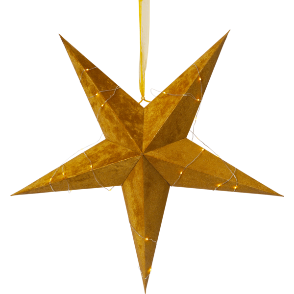 Pappersstjärna i sammet guldfärgad med ljusslinga