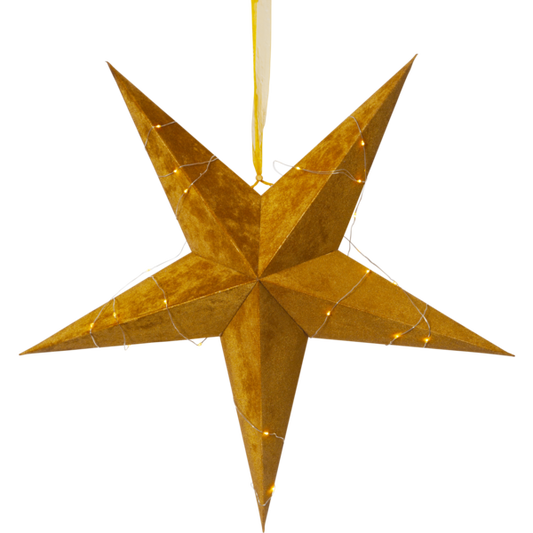 Pappersstjärna i sammet guldfärgad med ljusslinga