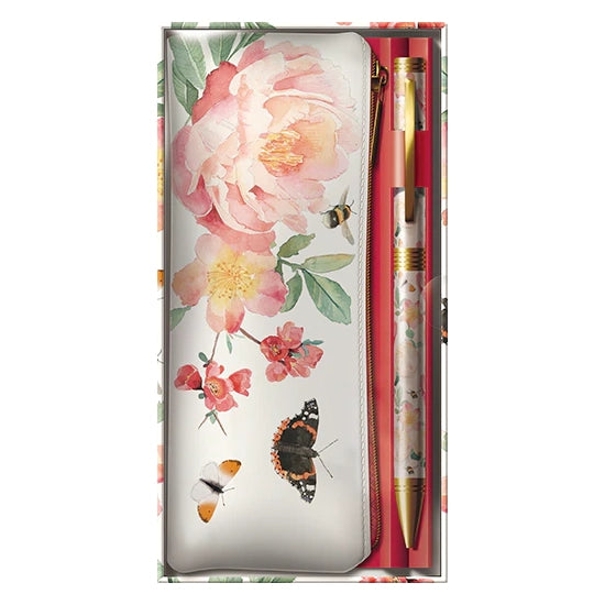 Kulspetspenna och pennfodral dekorerade med blommor o fjärilar