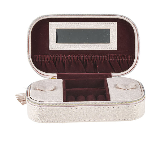 Rektangulärt smyckeskrin i rosa med vinrött foder o spegel på insidan